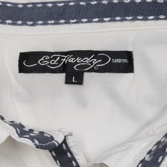 Ed Hardy Long Sleeve White Button-Up Large Skull On Pocket - Picture 7 of 11